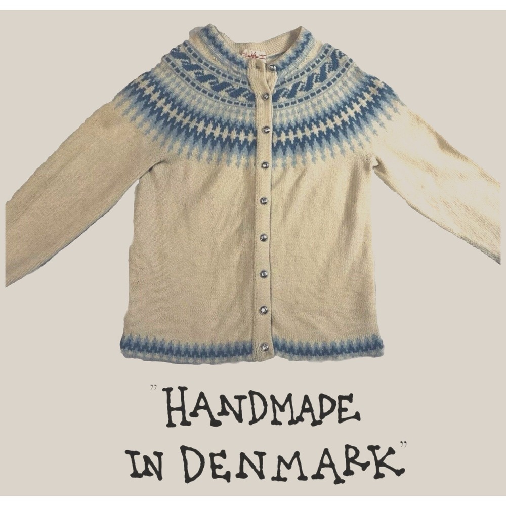 Handmade in Denmark‎ Wool XS (32" Chest) Fair Isle Cardigan Cream Blue Vintage - Picture 2 of 16